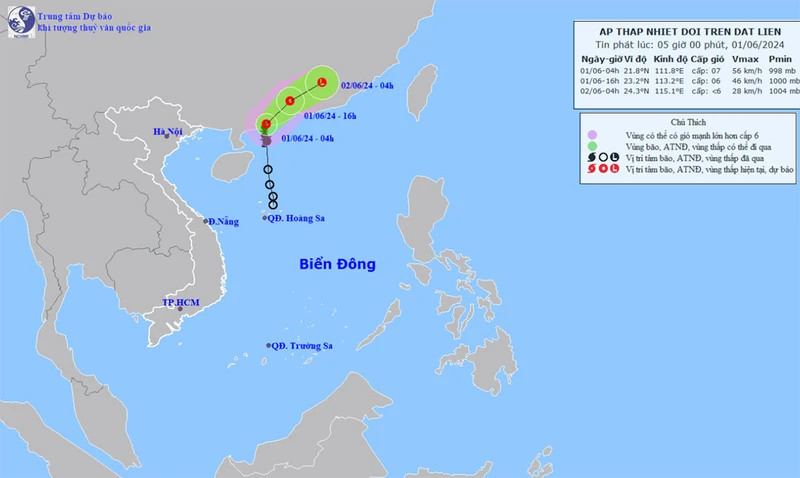 Vị trí và hướng di chuyển của áp thấp nhiệt đới (suy yếu từ bão số 1). (Nguồn: nchmf.gov.vn)