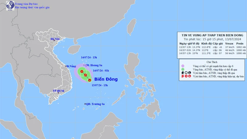 Vị trí và hướng di chuyển của vùng áp thấp. (Ảnh: nchmf.gov.vn)