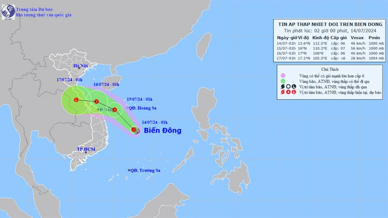 Vị trí và hướng di chuyển của áp thấp nhiệt đới. (Nguồn: nchmf.gov.vn)