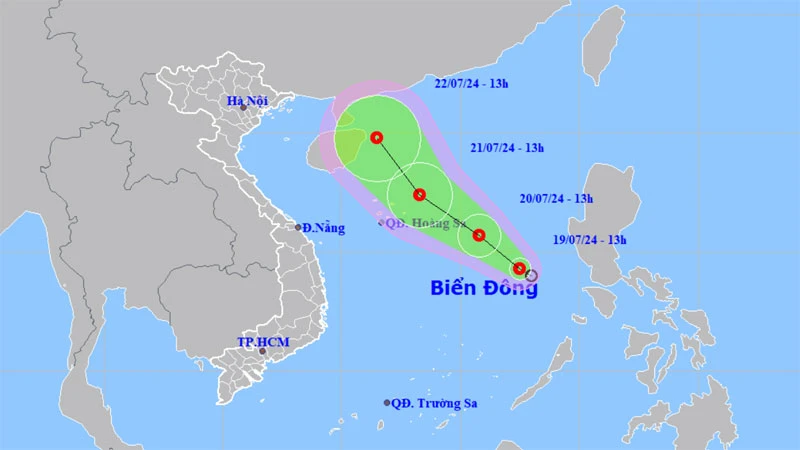 Vị trí và hướng di chuyển của áp thấp nhiệt đới. (Nguồn: nchmf.gov.vn)