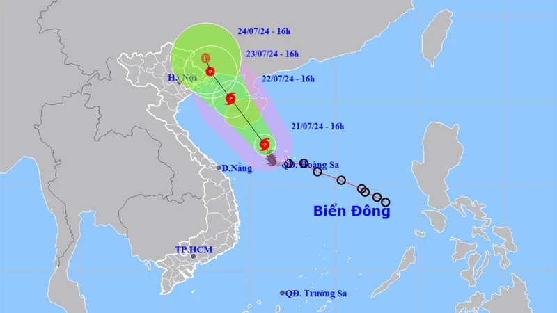 Vị trí và hướng di chuyển của bão số 2 lúc 16 giờ ngày 21/7. (Nguồn: nchmf.gov.vn)