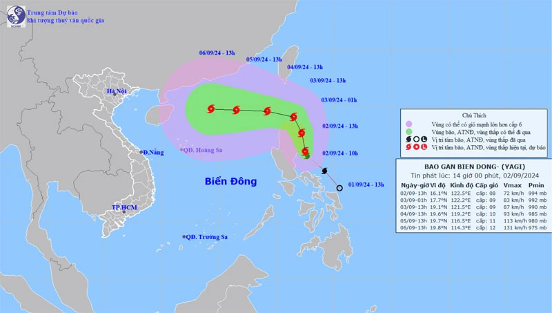 Vị trí và hướng di chuyển của bão Yagi. (Nguồn: nchmf.gov.vn)