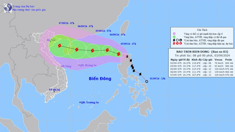 Vị trí và hướng di chuyển của bão số 3. (Nguồn: nchmf.gov.vn)