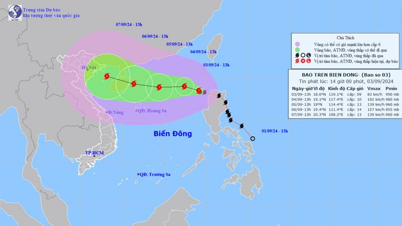 Vị trí và hướng di chuyển của bão số 3. (Nguồn: nchmf.gov.vn)