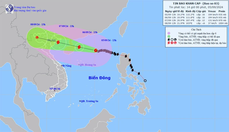 Vị trí và hướng di chuyển của bão số 3. (Nguồn: nchmf.gov.vn)