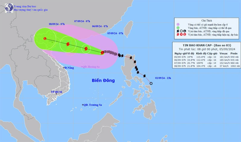 Vị trí và hướng di chuyển của bão số 3. (Nguồn: nchmf.gov.vn)