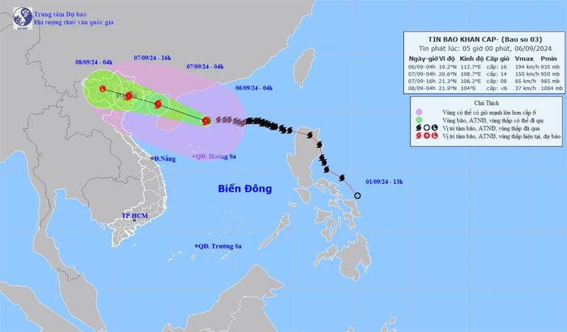 Vị trí và hướng di chuyển của bão số 3. (Nguồn: nchmf.gov.vn)