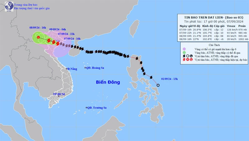 Vị trí và hướng di chuyển của bão số 3 lúc 17 giờ. (Nguồn: nchmf.gov.vn)