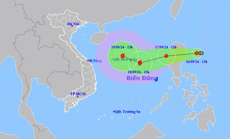 Vị trí và hướng di chuyển của áp thấp nhiệt đới lúc 13 giờ. (Nguồn: nchmf.gov.vn)