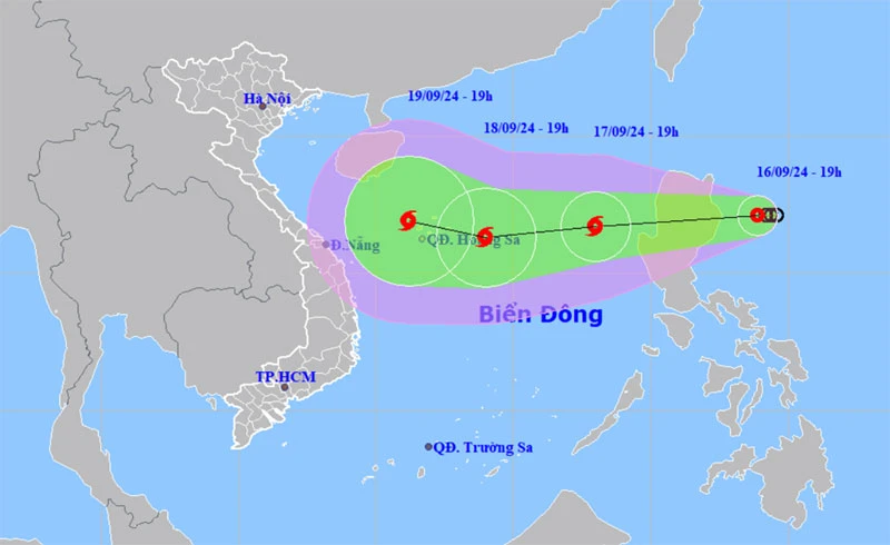 Vị trí và hướng di chuyển của áp thấp nhiệt đới lúc 19 giờ. (Nguồn: nchmf.gov.vn)