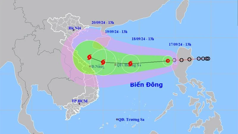 Vị trí và hướng di chuyển của áp thấp nhiệt đới lúc 13 giờ. (Nguồn: nchmf.gov.vn)