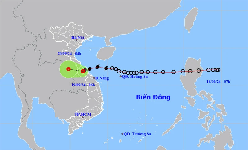 Vị trí và hướng di chuyển của áp thấp nhiệt đới (suy yếu từ bão số 4). (Nguồn: nchmf.gov.vn)