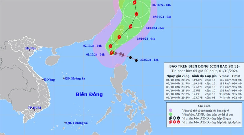 Vị trí và hướng di chuyển của bão số 5. (Nguồn: nchmf.gov.vn)