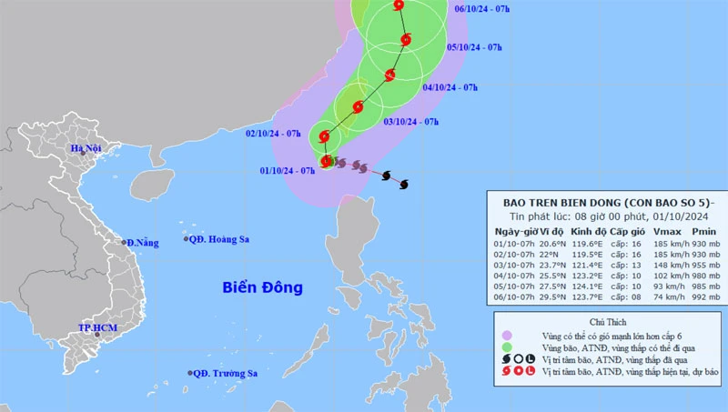 Vị trí và hướng di chuyển của bão số 5. (Nguồn: nchmf.gov.vn)