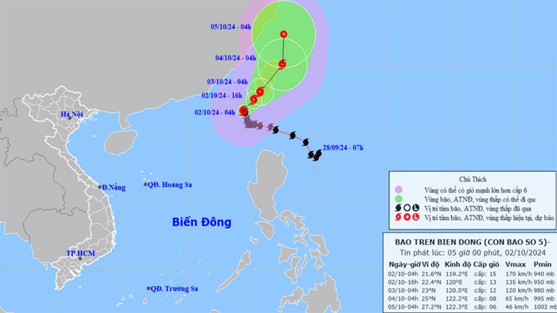 Vị trí và hướng di chuyển của bão số 5. (Nguồn: nchmf.gov.vn)