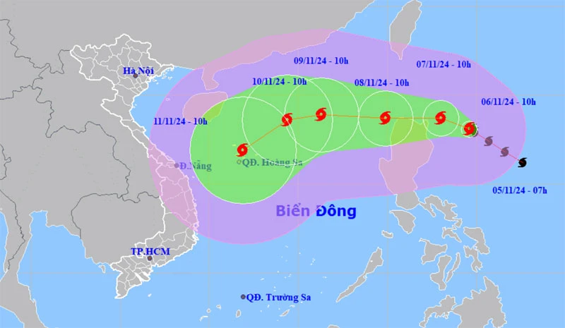 Vị trí và hướng di chuyển của bão Yinxing. (Nguồn: nchmf.gov.vn)