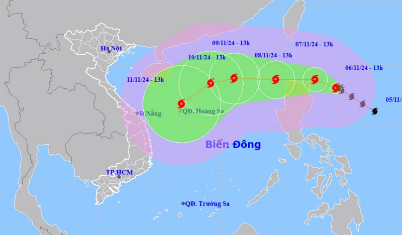 Vị trí và hướng di chuyển của bão Yinxing lúc 13 giờ ngày 6/11. (Nguồn: nchmf.gov.vn)