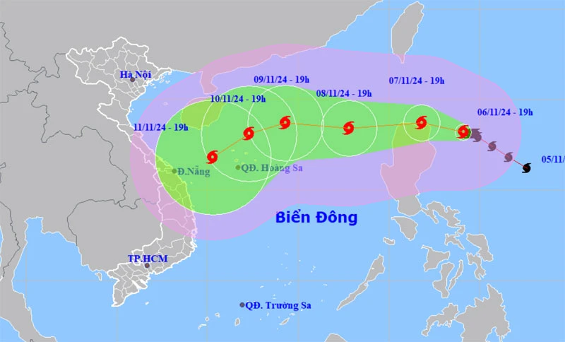 Vị trí và hướng di chuyển của bão Yinxing lúc 19 giờ ngày 6/11. (Nguồn: nchmf.gov.vn)