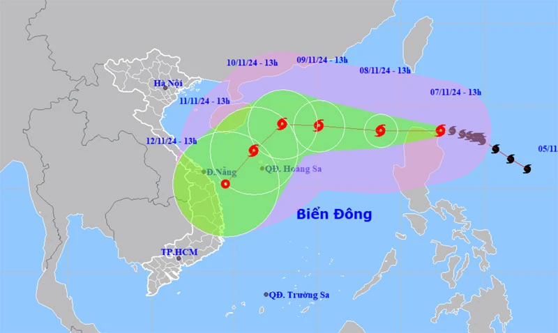 Vị trí và hướng di chuyển của bão Yinxing lúc 13 giờ ngày 7/11. (Nguồn: nchmf.gov.vn)