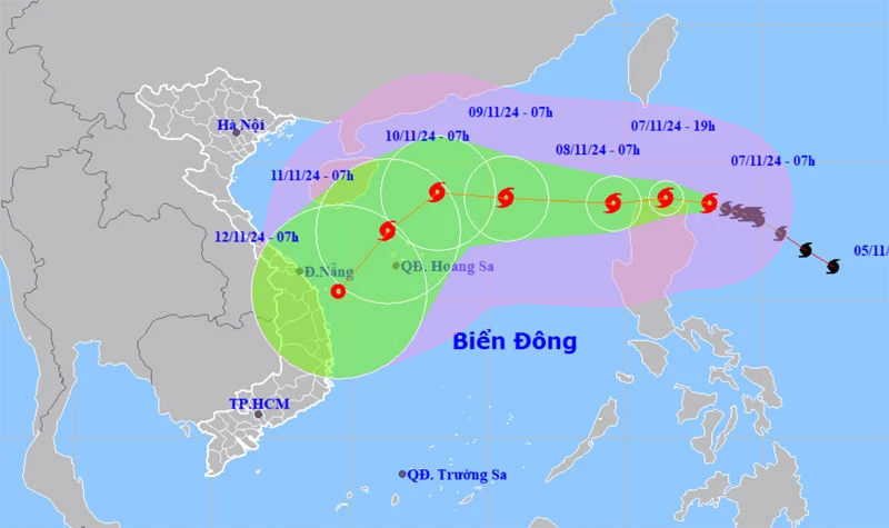 Vị trí và hướng di chuyển của bão Yinxing lúc 7 giờ ngày 7/11. (Nguồn: nchmf.gov.vn)