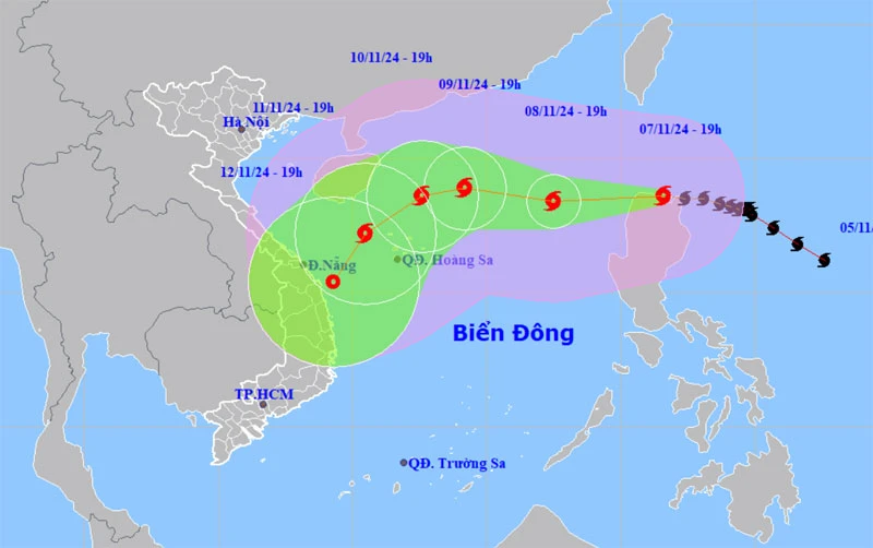 Vị trí và hướng di chuyển của bão Yinxing lúc 19 giờ ngày 7/11. (Nguồn: nchmf.gov.vn)