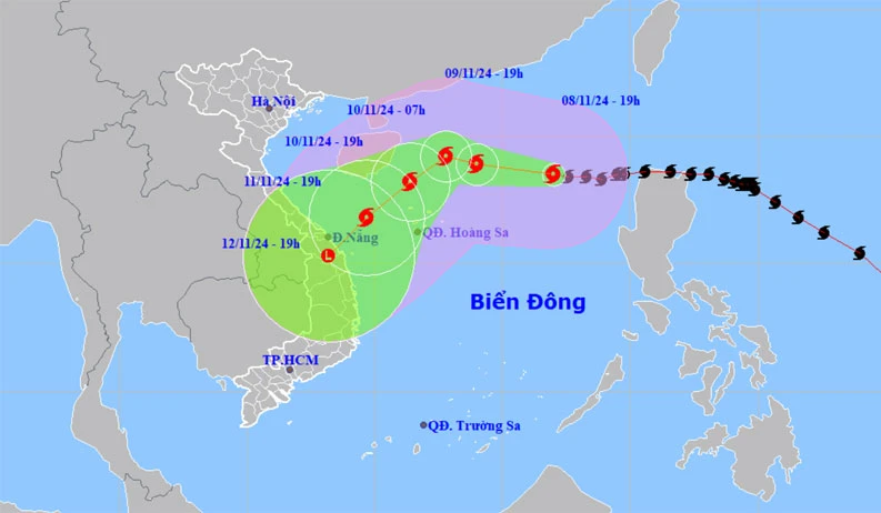 Vị trí và hướng di chuyển của bão số 7 lúc 19 giờ. (Nguồn: nchmf.gov.vn)