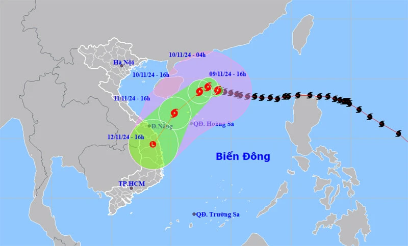 Vị trí và hướng di chuyển của bão số 7 lúc 16 giờ ngày 9/11. (Nguồn: nchmf.gov.vn)