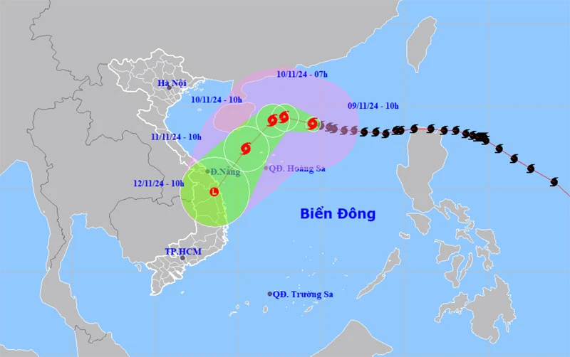 Vị trí và hướng di chuyển của bão số 7 lúc 10 giờ ngày 9/11. (Nguồn: nchmf.gov.vn)