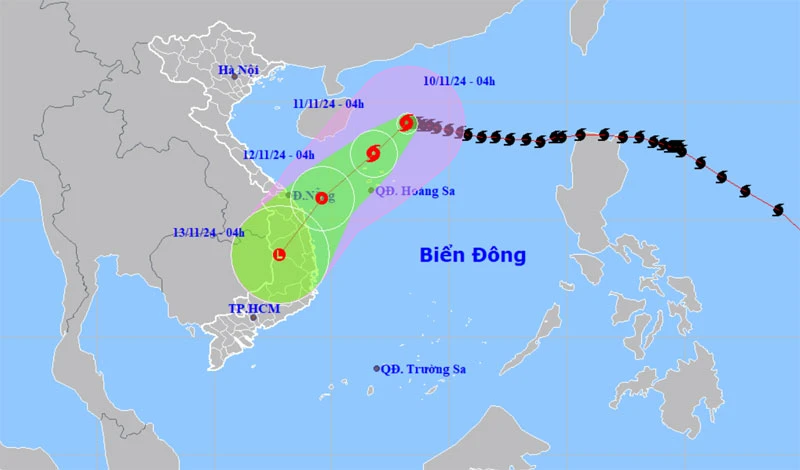 Vị trí và hướng di chuyển của bão số 7 lúc 4 giờ ngày 10/11. (Nguồn: nchmf.gov.vn)