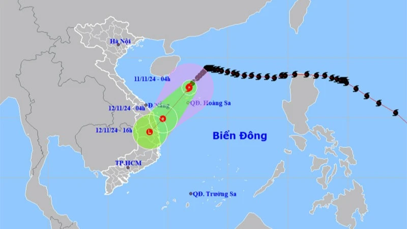 Vị trí và hướng di chuyển của bão số 7 lúc 4 giờ ngày 11/11. (Nguồn: nchmf.gov.vn)