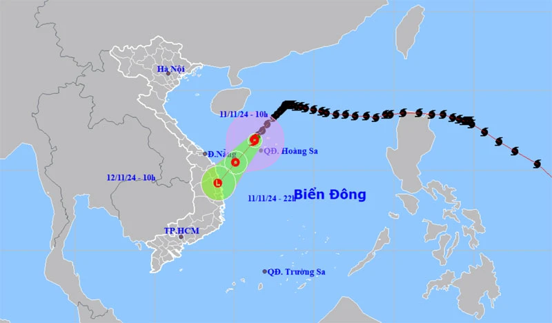 Vị trí và hướng di chuyển của bão số 7 lúc 10 giờ ngày 11/11. (Nguồn: nchmf.gov.vn)