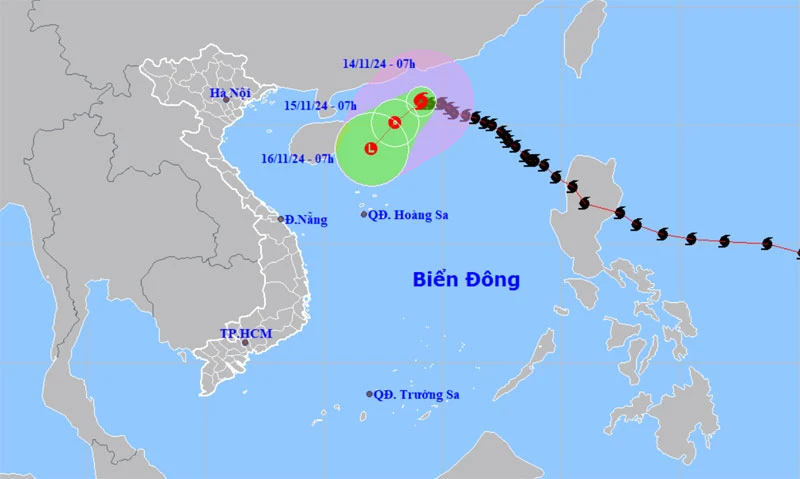 Vị trí và hướng di chuyển của bão số 8 lúc 7 giờ ngày 14/11. (Nguồn: nchmf.gov.vn)