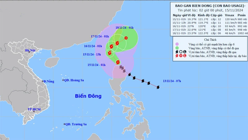 Vị trí và hướng di chuyển của bão Usagi. (Nguồn: nchmf.gov.vn)