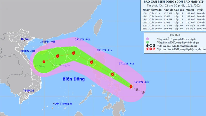 Vị trí và hướng di chuyển của bão Man-yi. (Nguồn: nchmf.gov.vn)