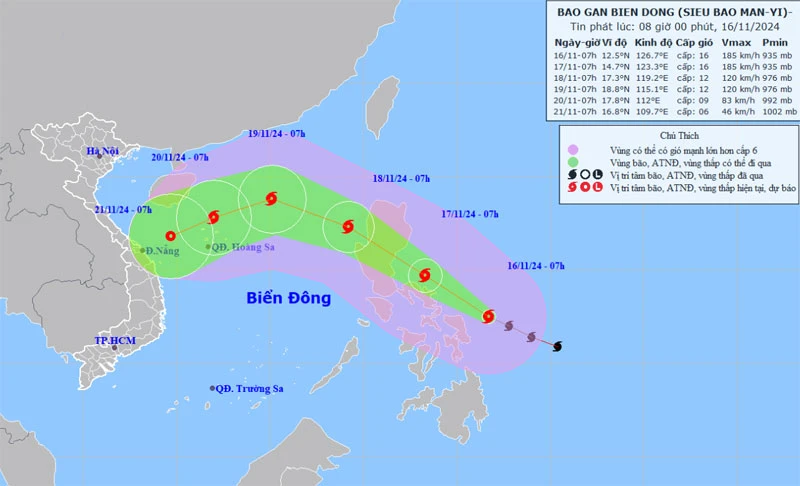 Vị trí và hướng di chuyển của bão Man-yi. (Nguồn: nchmf.gov.vn)