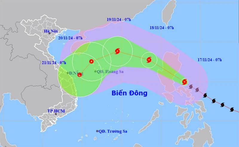 Vị trí và hướng di chuyển của siêu bão Man-yi lúc 7 giờ ngày 18/11. (Nguồn: nchmf.gov.vn)