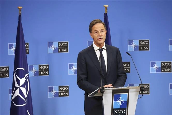 Tổng thư ký NATO Mark Rutte tại cuộc họp báo ở Brussels, Bỉ, ngày 1/10/2024. Ảnh: Kyodo/TTXVN