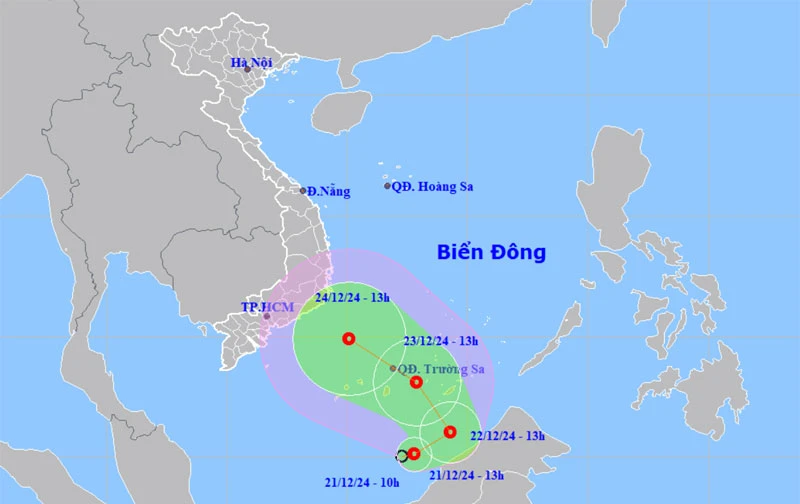 Vị trí và hướng di chuyển của áp thấp nhiệt đới. (Nguồn: nchmf.gov.vn)