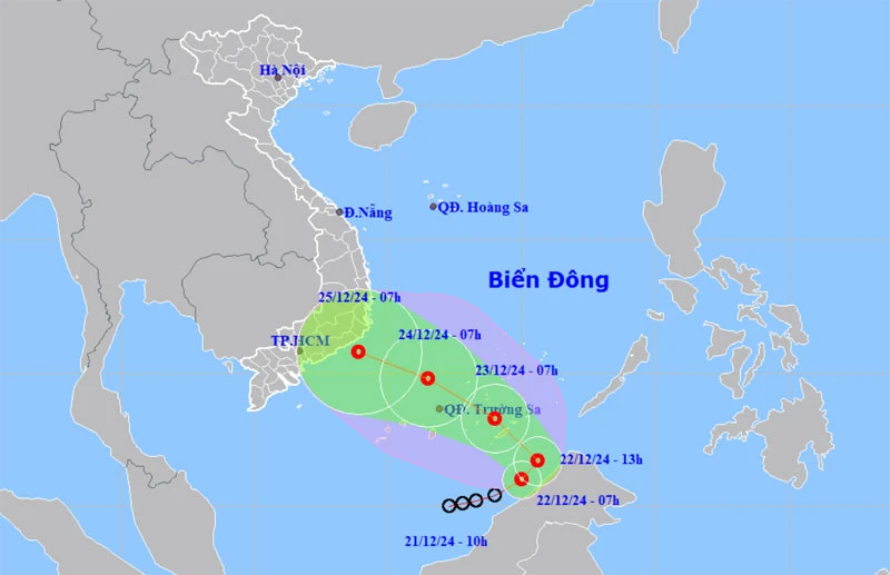 Vị trí và hướng di chuyển của áp thấp nhiệt đới. (Nguồn: nchmf.gov.vn)