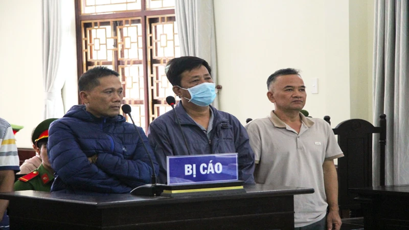 Bị cáo Lê Tự Trị (người đứng thứ nhất bên phải ảnh) và các bị cáo khai nhận hành vi vi phạm pháp luật trước phiên tòa.