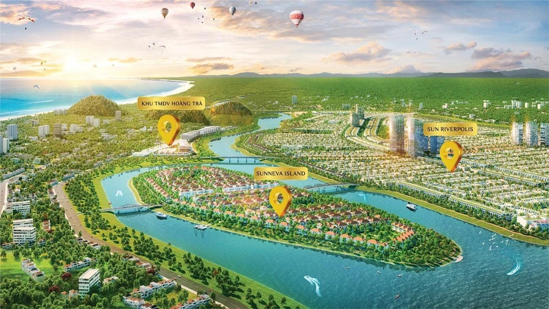 Quần thể “Thành phố hội nhập” gồm 3 mảnh ghép: Sunneva Island, Sun Riverpolis và khu thương mại dịch vụ Hoàng Trà. (Ảnh phối cảnh minh họa)
