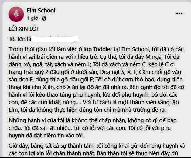 Bức thư xin lỗi được cho là của cô giáo có hành vi bỏ đói, bạo hành trẻ mầm non. (Ảnh chụp từ màn hình) 