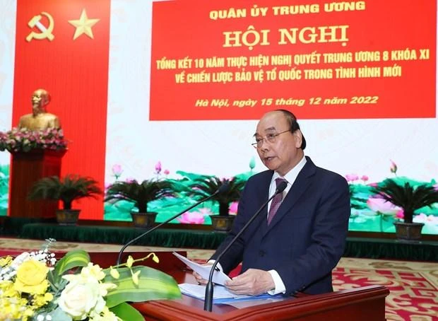 Chủ tịch nước Nguyễn Xuân Phúc, Trưởng Ban Chỉ đạo xây dựng Đề án Tổng kết 10 năm thực hiện Nghị quyết Trung ương 8 phát biểu. (Ảnh: TTXVN) 