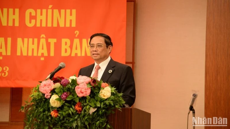 Thủ tướng Phạm Minh Chính phát biểu ý kiến tại buổi gặp gỡ bà con cộng đồng người Việt Nam ở Nhật Bản.