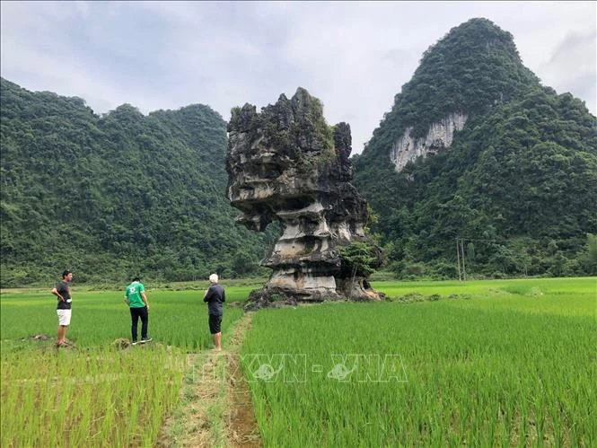 Đoàn chuyên gia mạng lưới Công viên địa chất toàn cầu UNESCO đến trải nghiệm điểm di sản mới “Hòn đá mồ côi” tại thung lũng Bản Hau, xã Cao Thăng (Trùng Khánh). (Ảnh tư liệu: TTXVN)