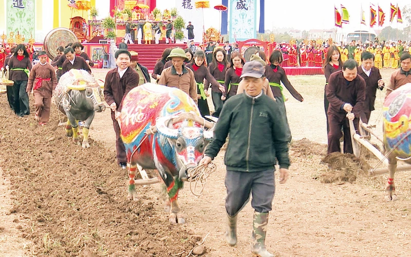 Lãnh đạo tỉnh Hà Nam thực hiện nghi thức cày tịch điền tại Lễ hội Tịch điền Đọi Sơn năm 2023.