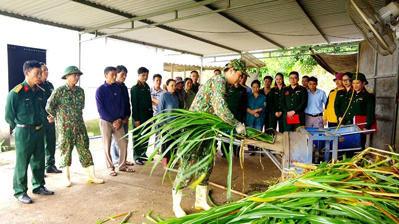 Cán bộ Căn cứ Hậu cần 1, Cục Hậu cần Quân khu 4 hướng dẫn người dân ở bản Mó, xã Nghĩa Xuân, huyện Quỳ Hợp (Nghệ An) cách chế biến thức ăn chăn nuôi bò.