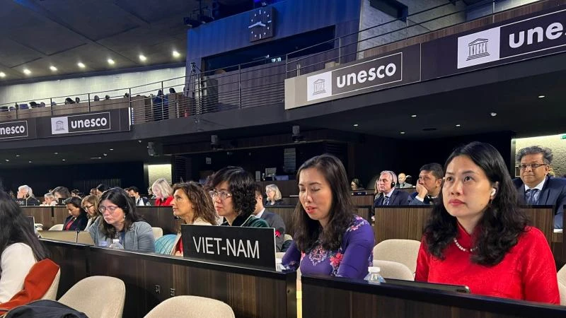 Đoàn Việt Nam tham dự Khóa họp lần thứ 215 Hội đồng Chấp hành của UNESCO. (Ảnh: Bộ Ngoại giao)