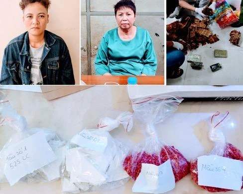 Đinh Thị Yến (áo xanh) và Trần Thị Loan cùng số ma túy bị bắt giữ. (Ảnh: Công an cung cấp)