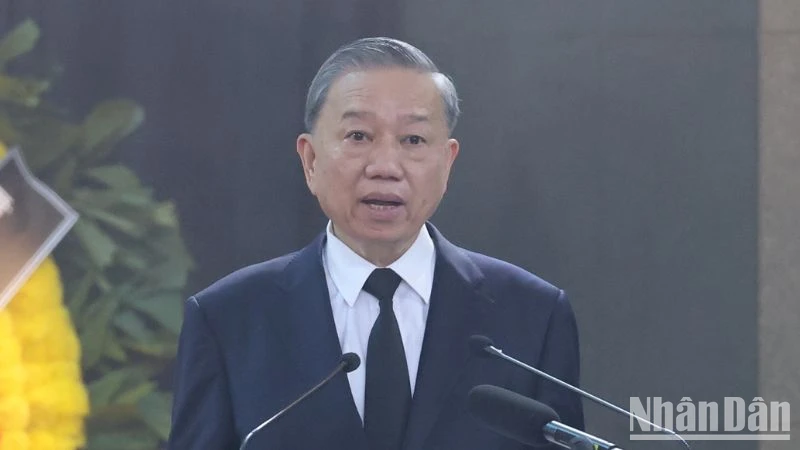 Chủ tịch nước Tô Lâm, Trưởng Ban Lễ tang đọc Lời điếu tại Lễ truy điệu Tổng Bí thư Nguyễn Phú Trọng. (Ảnh: ĐĂNG KHOA)